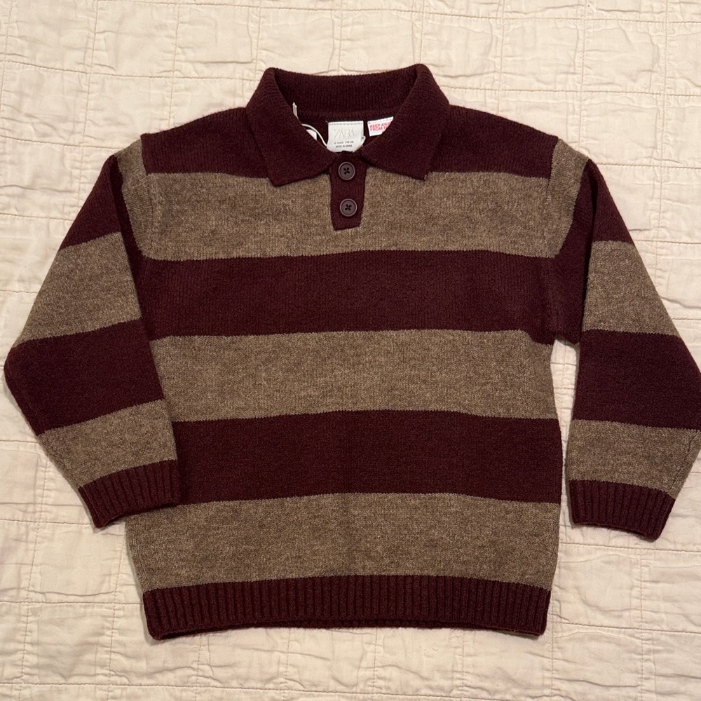 Zara Boys' Burgundy and Brown Rugby Striped Polo Collar Sweater